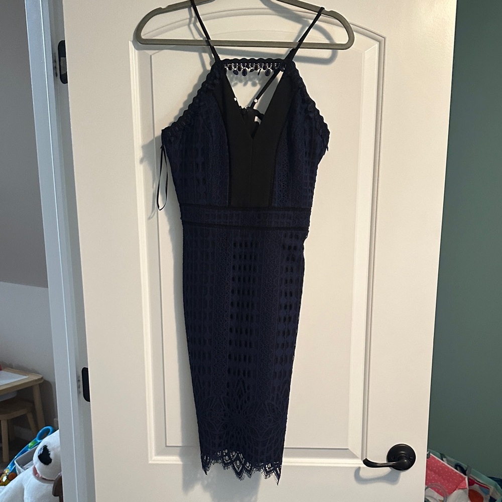 Sleeveless Navy Lace Midi Dress with Halter Neck